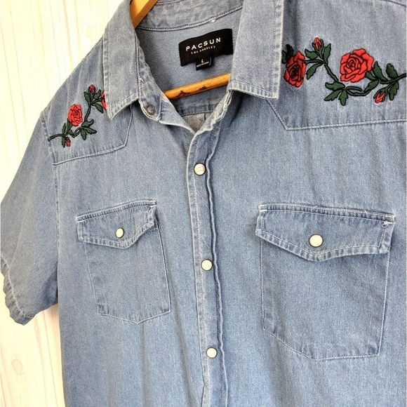 Pacsun Los Angeles Denim Shirt Rose Embroidery - Picture 3 of 7